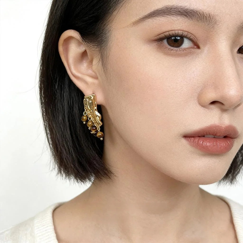 Maillard Style Vintage Natural Tiger Eye Stone Geometric Tassel Drop Earrings