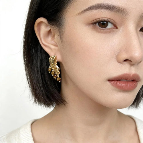 Maillard Style Vintage Natural Tiger Eye Stone Geometric Tassel Drop Earrings