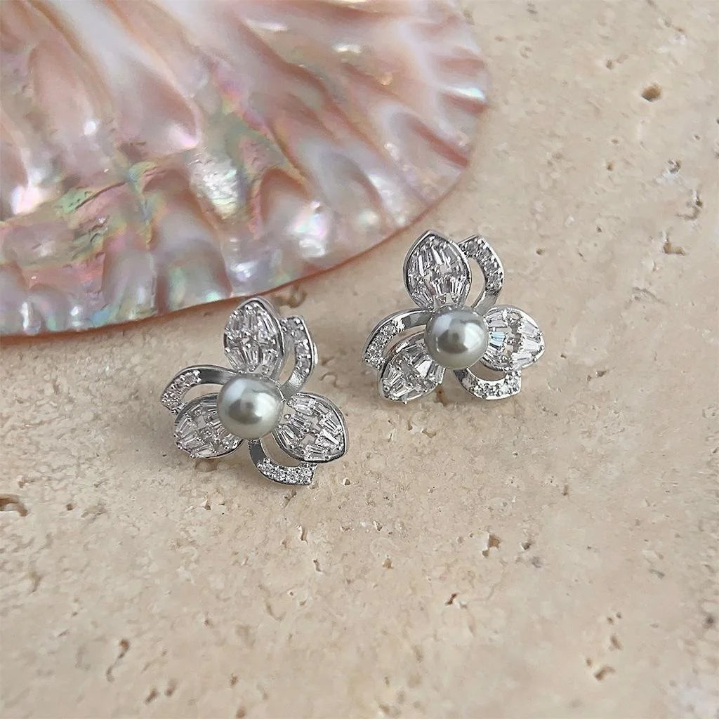 French Luxury Floral Zircon Pave Drop Earrings With Gray Glass Pearl Copper Flower Jewelry