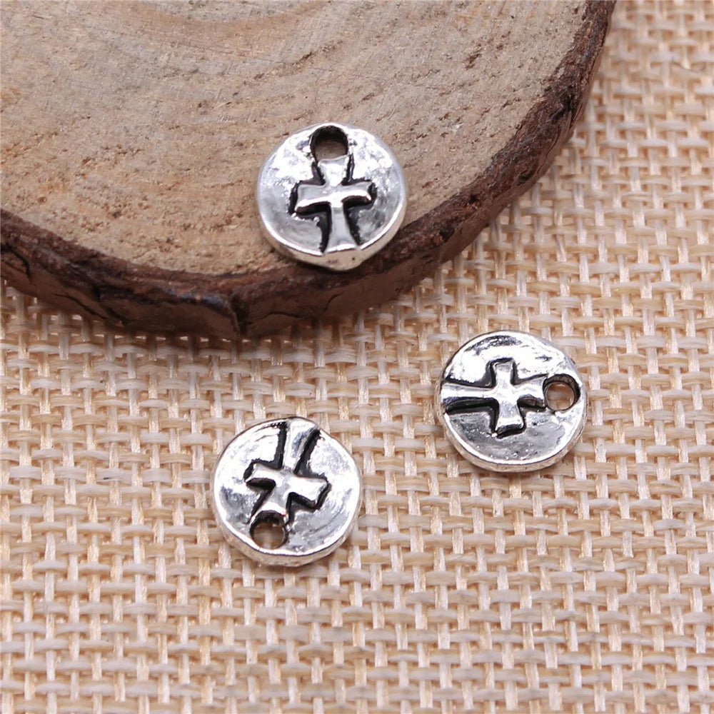 10x10mm 0.6g Antique Silver Zinc Alloy Round Cross Tag Charm Pendant for DIY Bracelet Necklace Making