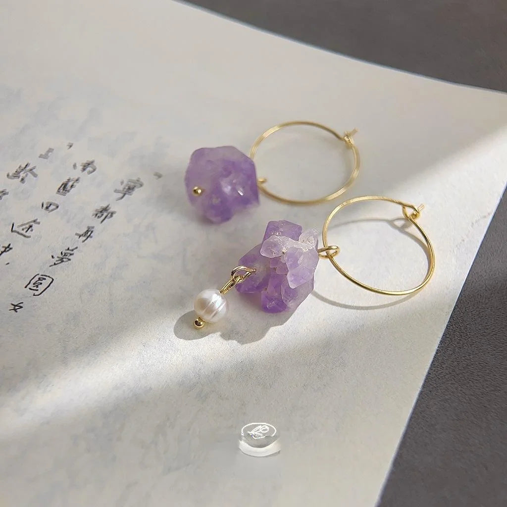 Handmade Amethyst Crystal Freshwater Pearl Asymmetric Geometric Drop Earrings For Women