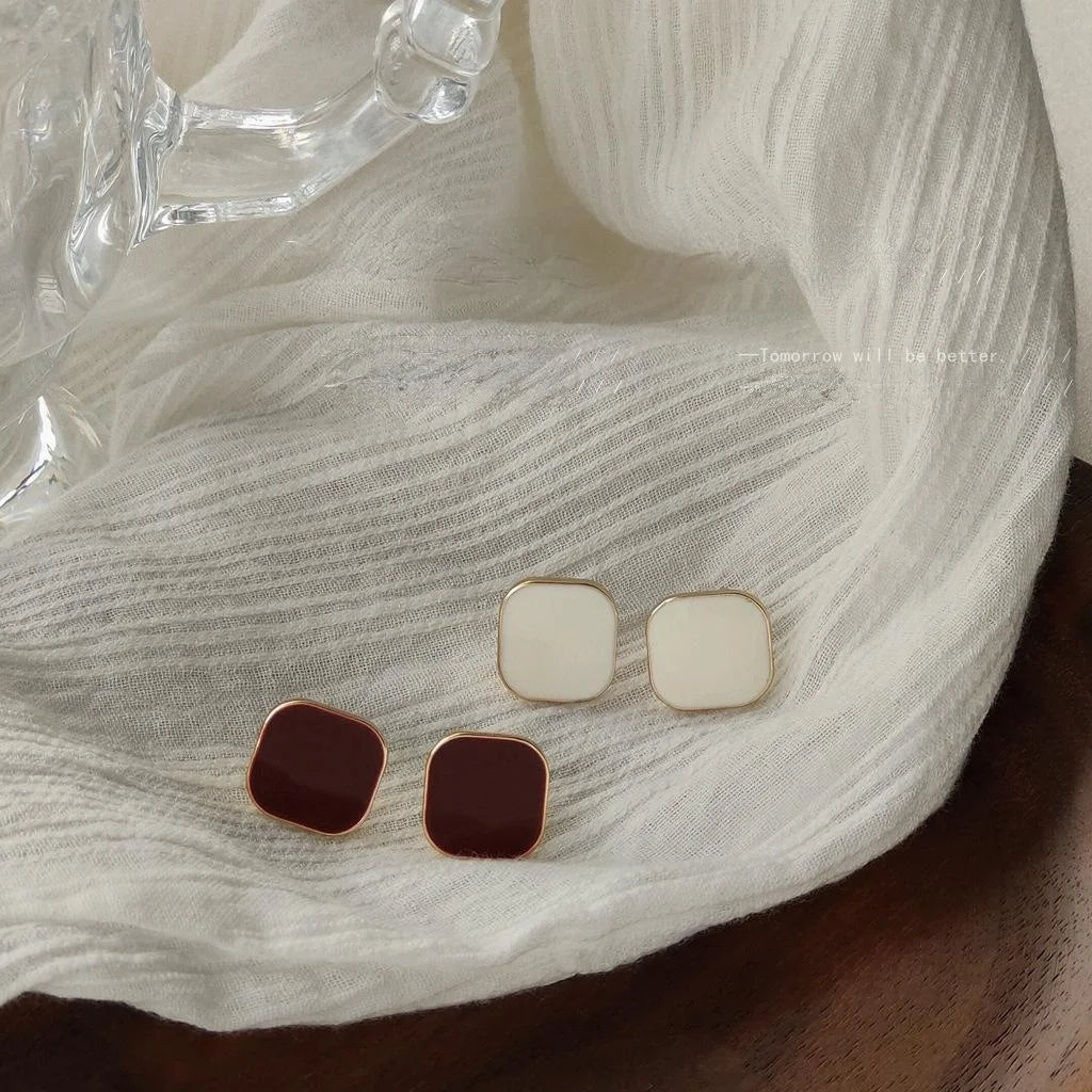 14K Plated Alloy Square Enamel Stud Earrings Minimalist Korean Geometric Jewelry