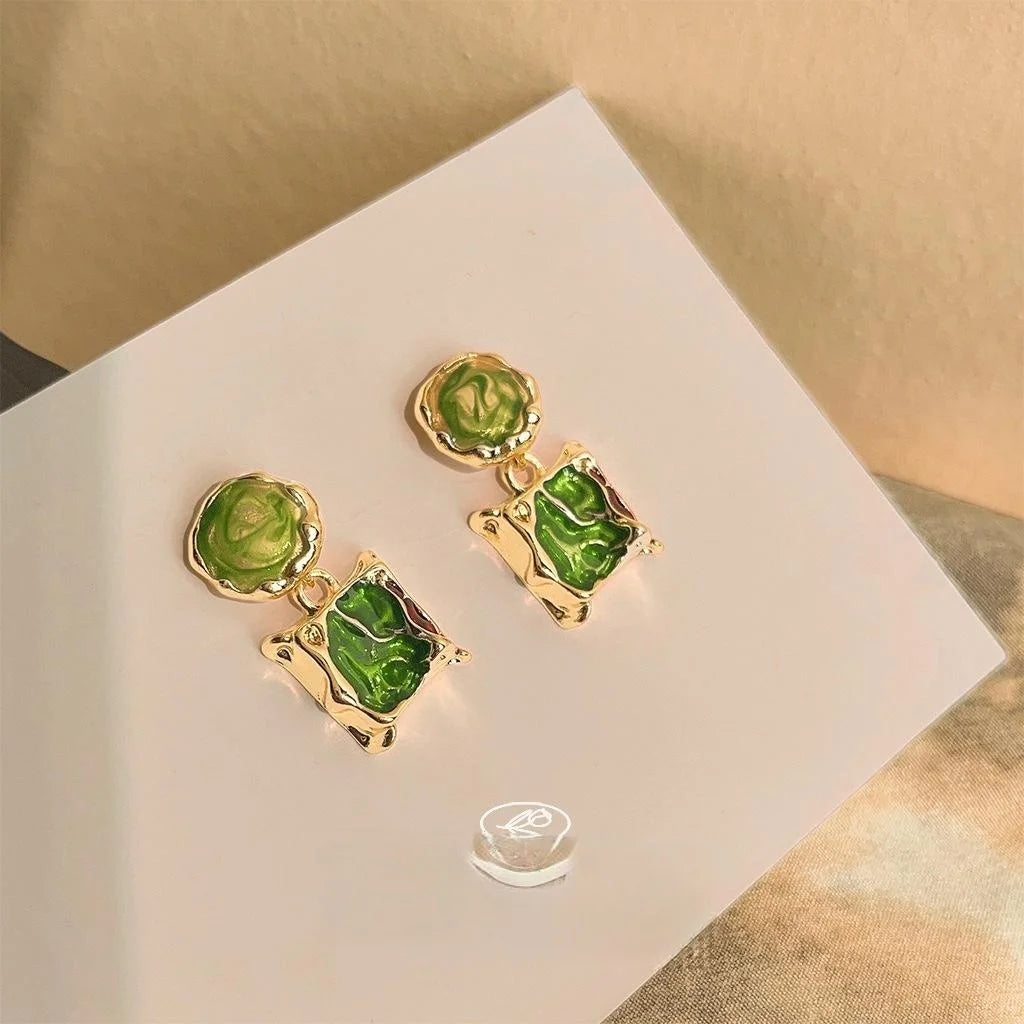 New Chinese Vintage Green Enamel Irregular Geometric Metal Drop Earrings