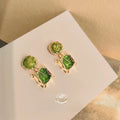 New Chinese Vintage Green Enamel Irregular Geometric Metal Drop Earrings