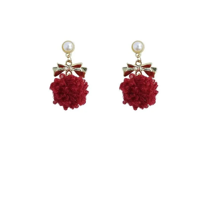Burgundy Lambswool Pom Pom Bow Stud Earrings Silver Plated Korean Japanese Winter Jewelry