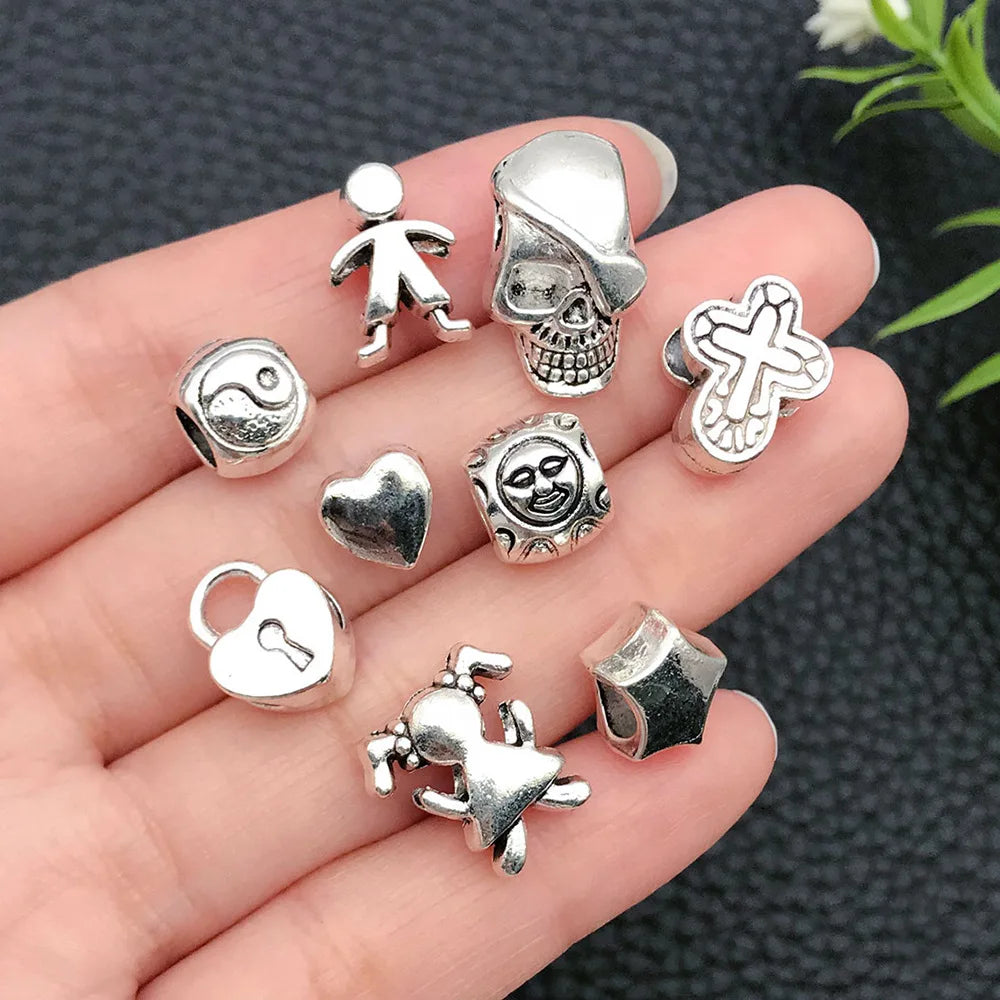 Zinc Alloy Cross Owl Heart Large Hole Loose Metal Cat Beads for DIY Bracelet Jewelry