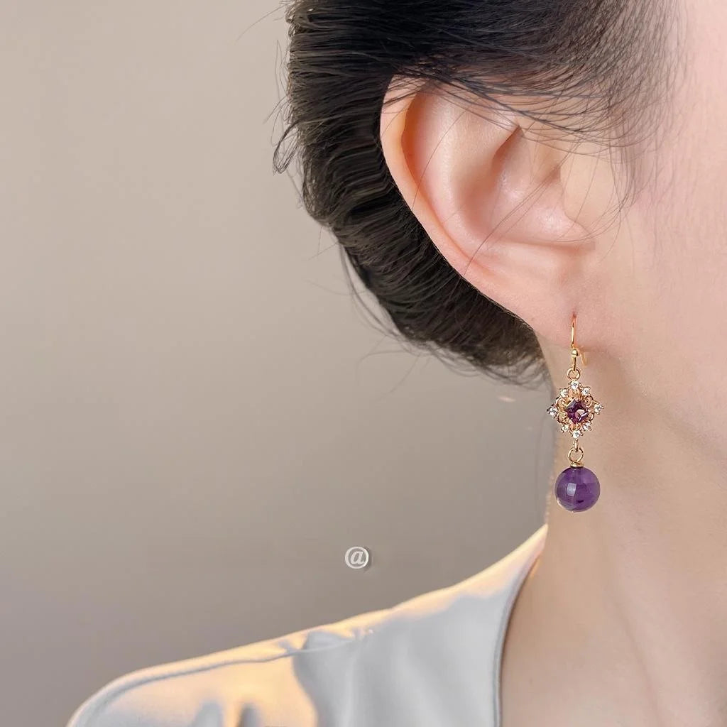 Handmade Copper Lavender Amethyst Zircon Floral Geometric Tassel Drop Earrings Court Style