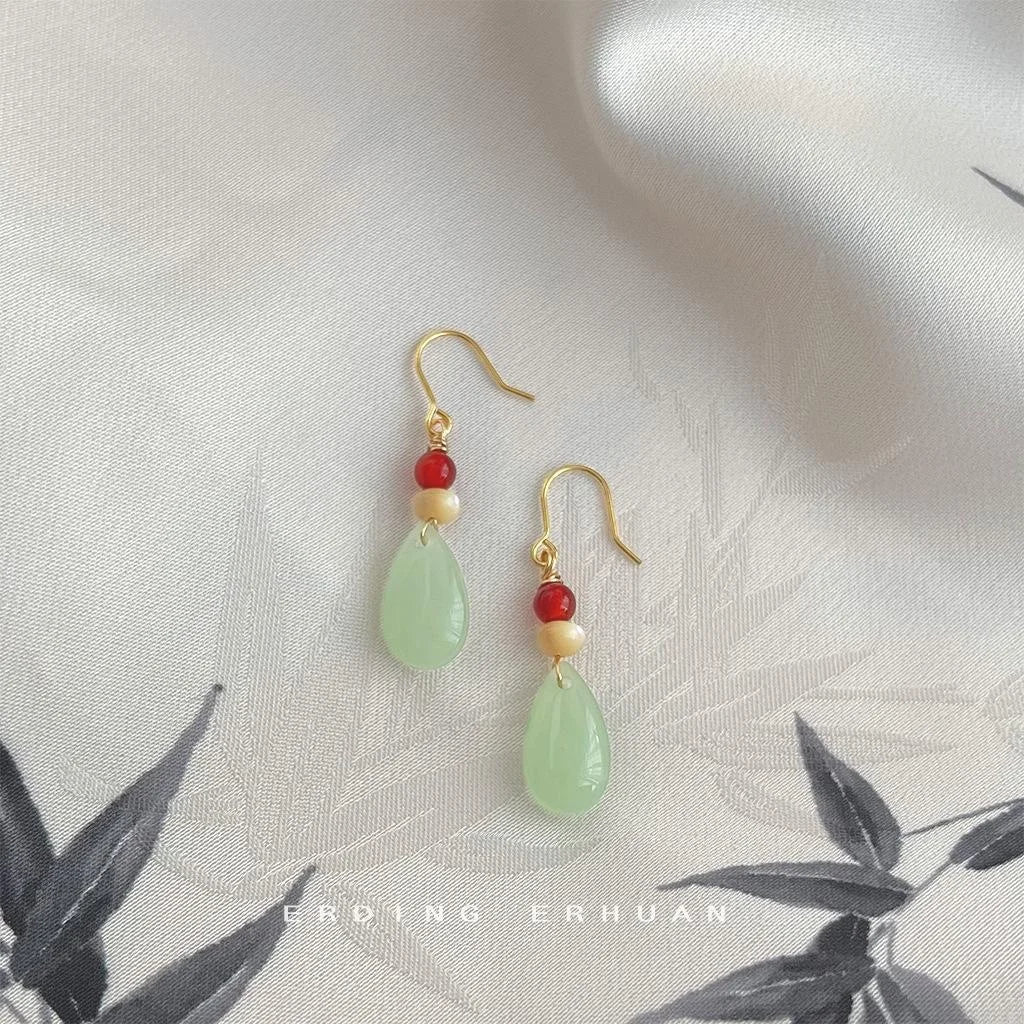 Handmade New Chinese Style Teardrop Glass Red Agate Shell Drop Earrings For Women
