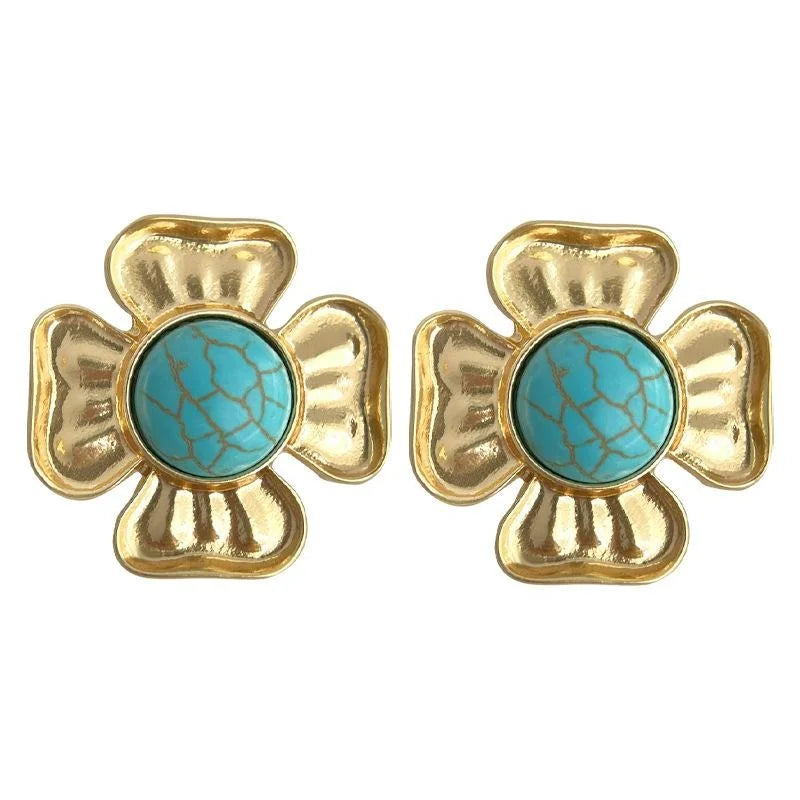Vintage Floral Drop Earrings With Copper And Synthetic Turquoise, French Statement Luxury Jewelry