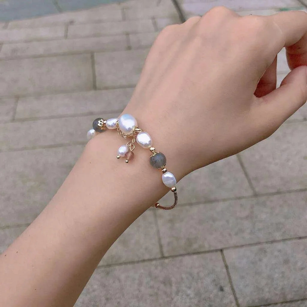 Handmade Freshwater Pearl And Moonstone Bracelet For Women Korean Minimalist Geometric Jewelry