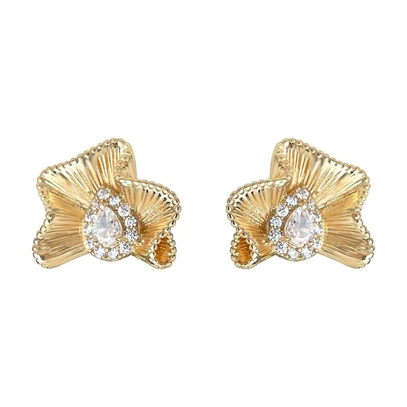 Silver Plated Copper Stud Earrings Micro Pave Zircon Abstract Pleated Geometric Wave Design