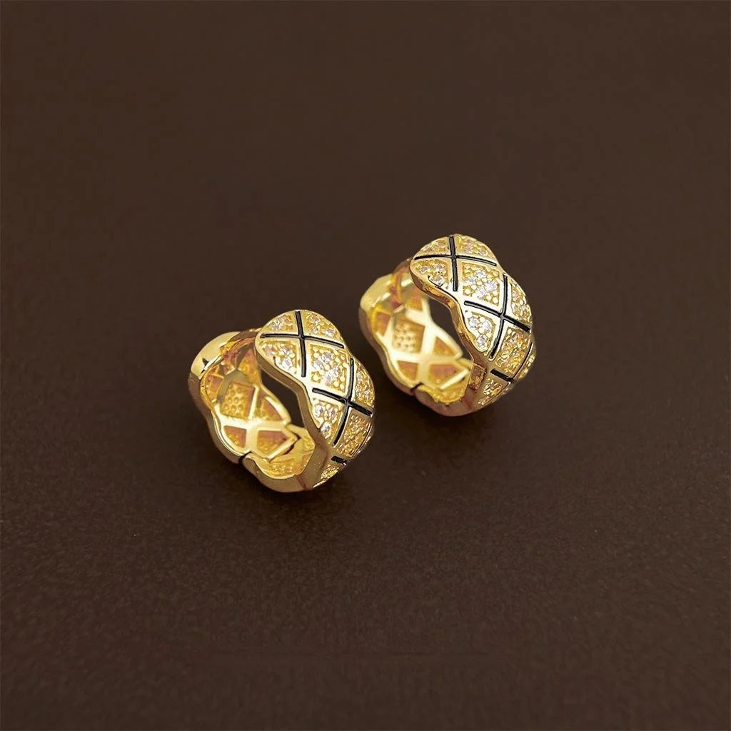 French Vintage Micro Pave Zircon Enamel Copper C-Shaped Geometric Hoop Earrings for Women