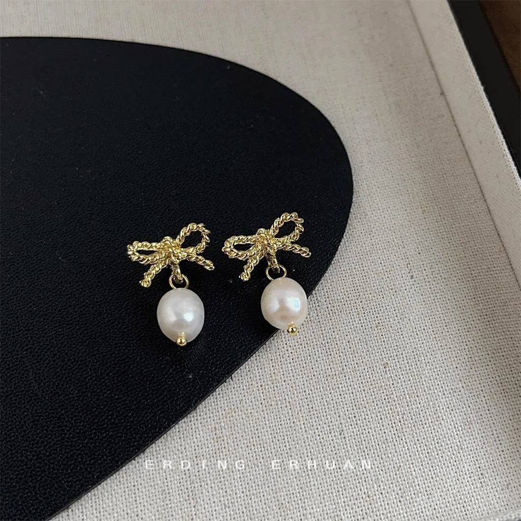 French Vintage Freshwater Pearl Drop Earrings Handmade Silver Plated Heart Floral Bow Leaf Design