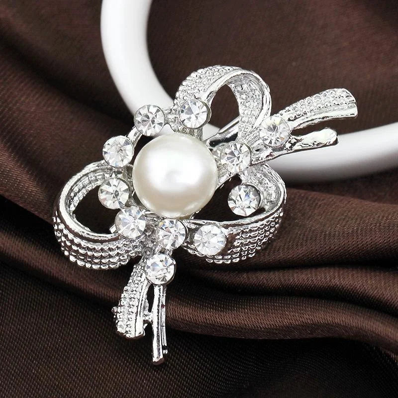 Elegant Pearl And Rhinestone Bow Brooch, Luxury Silver Tone Lapel Pin Corsage For Bridal Shawl Suit Accessory