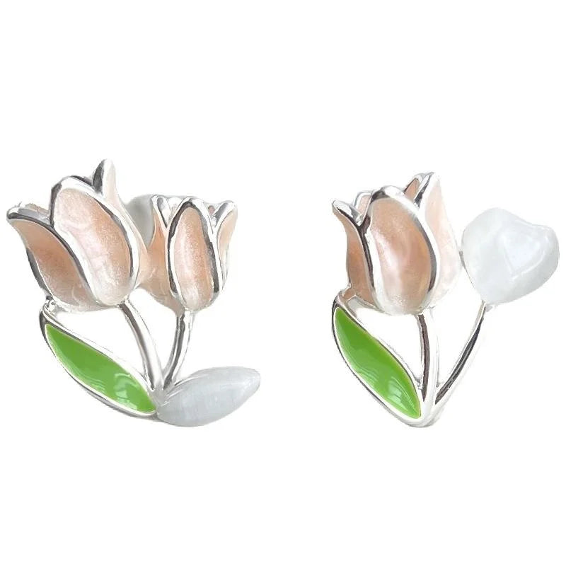 Sweet Asymmetric Tulip Flower Stud Earrings Copper Glass Cat Eye Stone Commuter Jewelry
