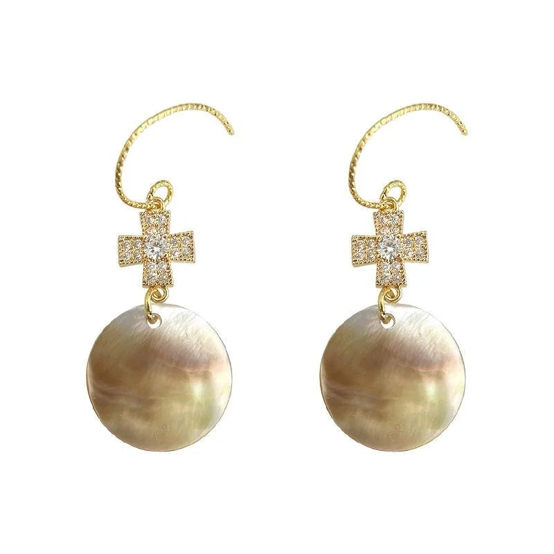 French Vintage Copper Natural Shell Micro Pave Zircon Geometric Round Drop Earrings