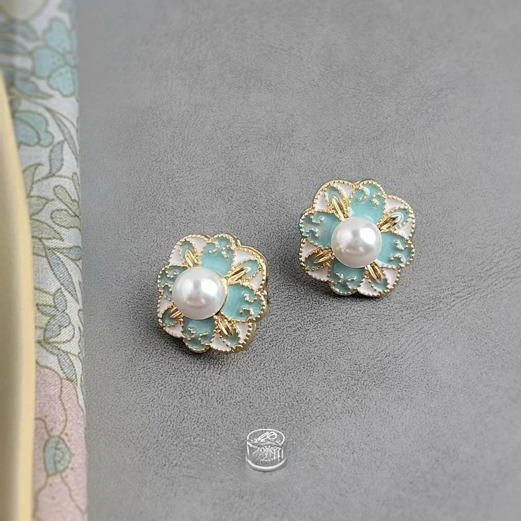 New Chinese Style Blue Enamel Geometric Floral Copper Stud Earrings