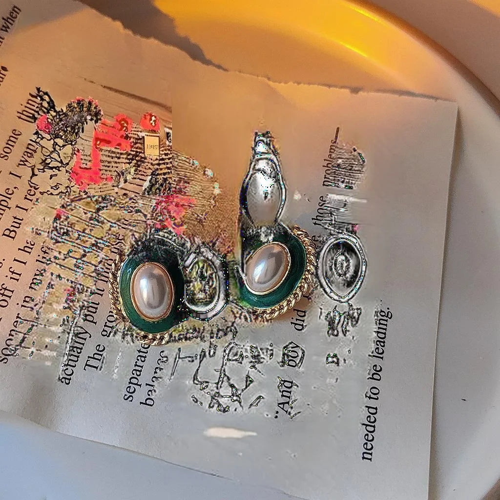 French Court Vintage Oval Enamel Pearl Copper Stud Earrings With Silver Plated Posts