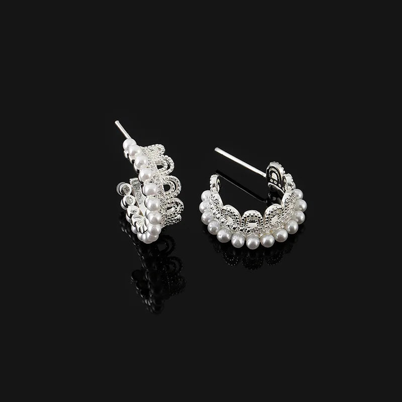 Elegant Lace Swirl Hoop Pearl Rhinestone Stud & Clip On No Piercing Women's Fashion Earrings