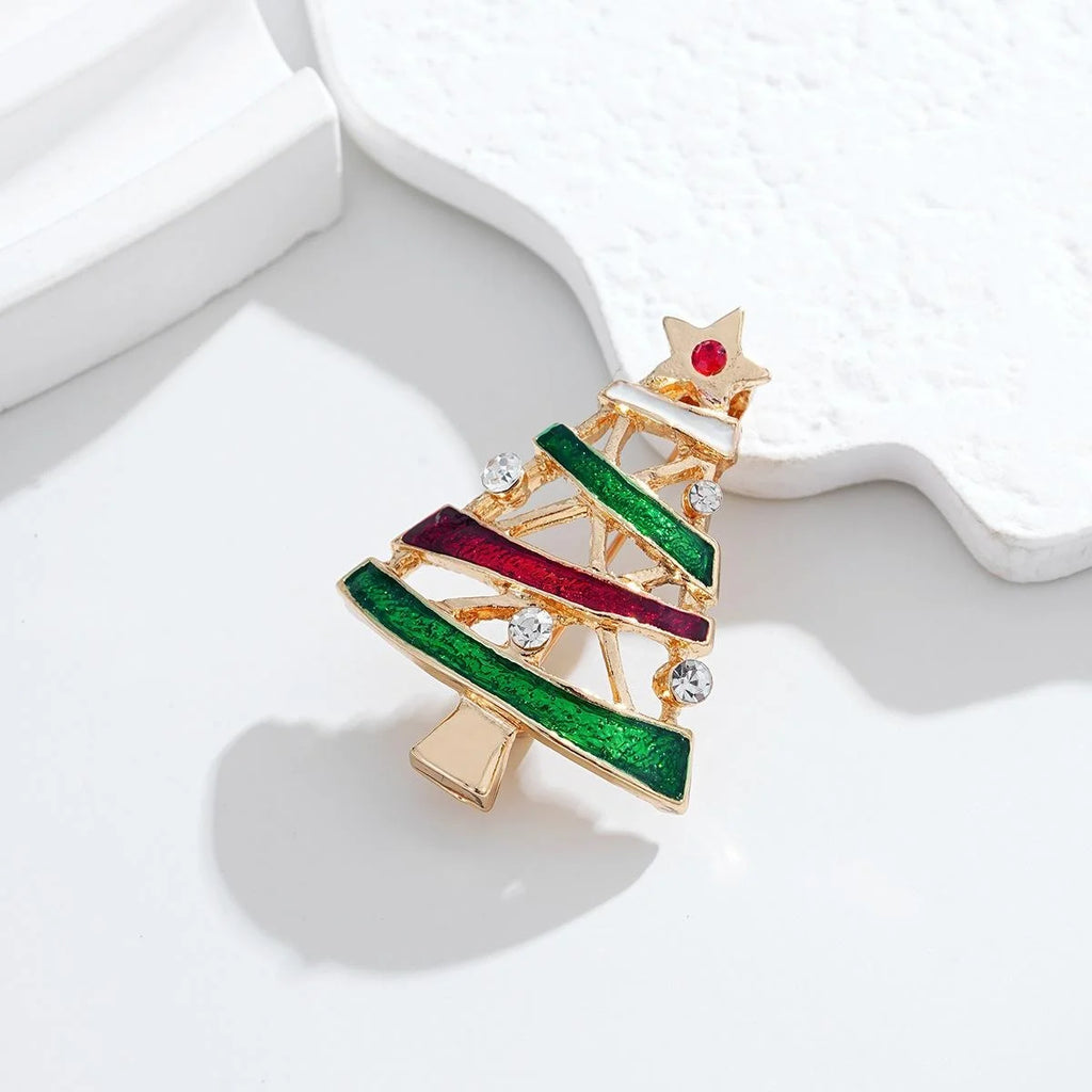 Elegant Enamel Christmas Tree Brooch With Rhinestone Star, Gold Tone Alloy Lapel Pin Holiday Gift