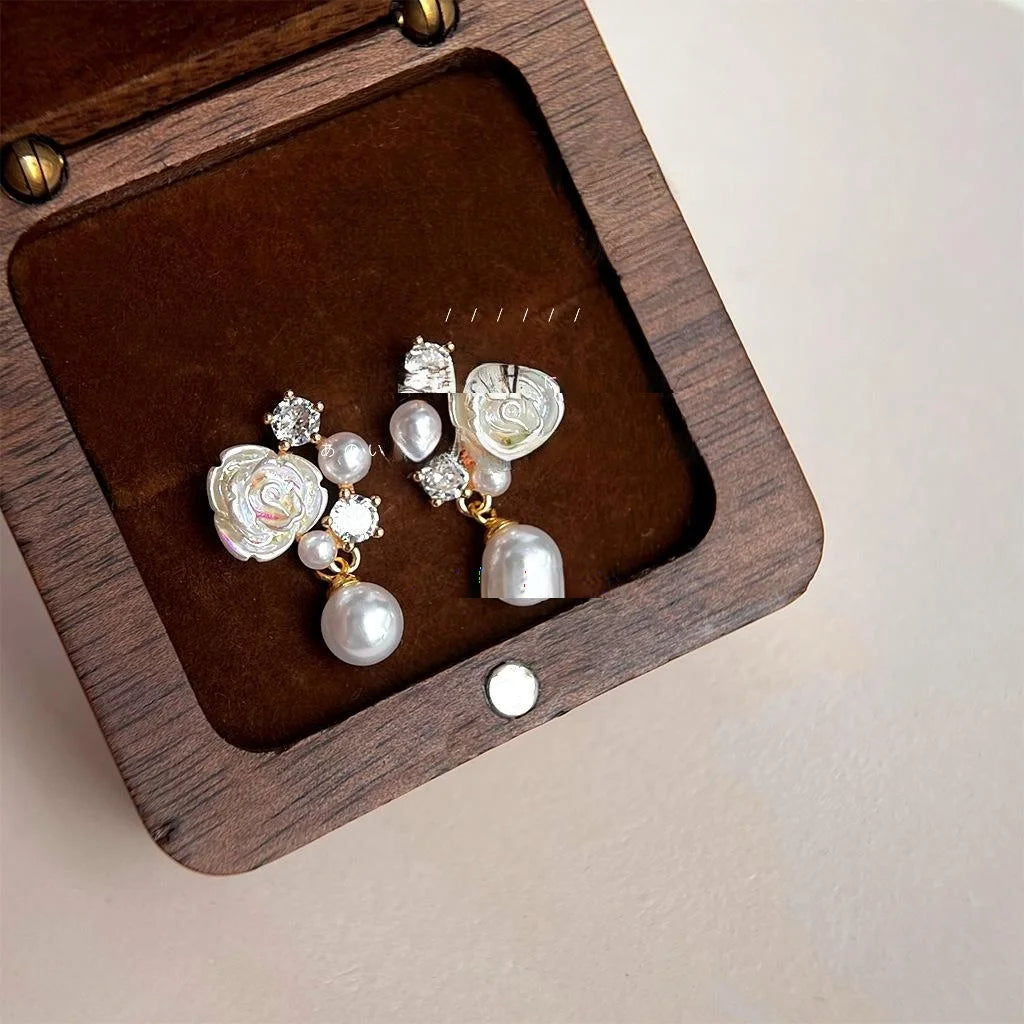 Elegant 14K Plated Micro Pave Zircon Flower Resin Glossy Pearl Drop Earrings