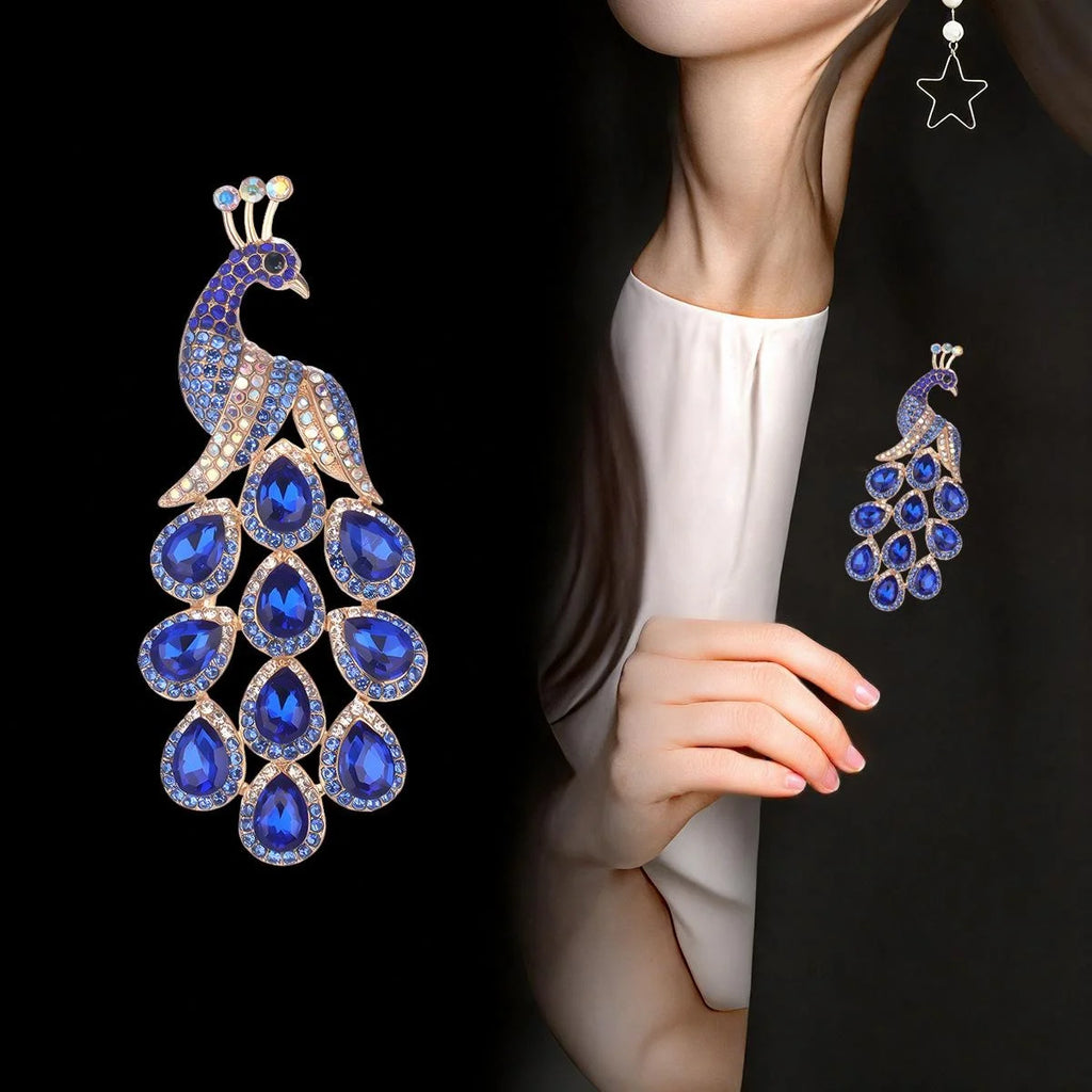 Luxury Blue Rhinestone Peacock Brooch, Elegant Alloy Animal Lapel Pin Corsage For Women's Suit Gift