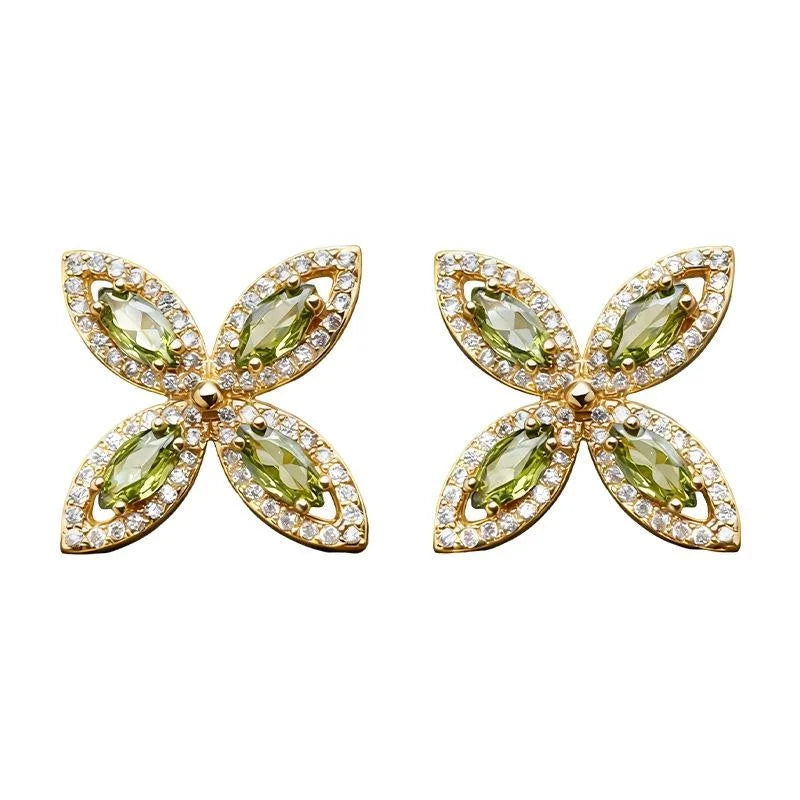 Light Luxury Olive Green Micro Pave Zircon Geometric Flower Drop Earrings For Women