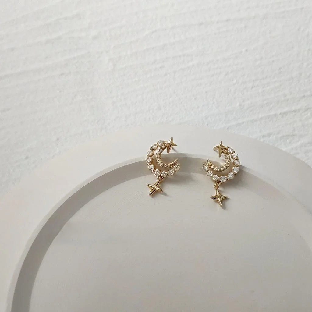 14K Gold Plated Copper Moon Star Zircon Stud Earrings Minimalist Korean Jewelry