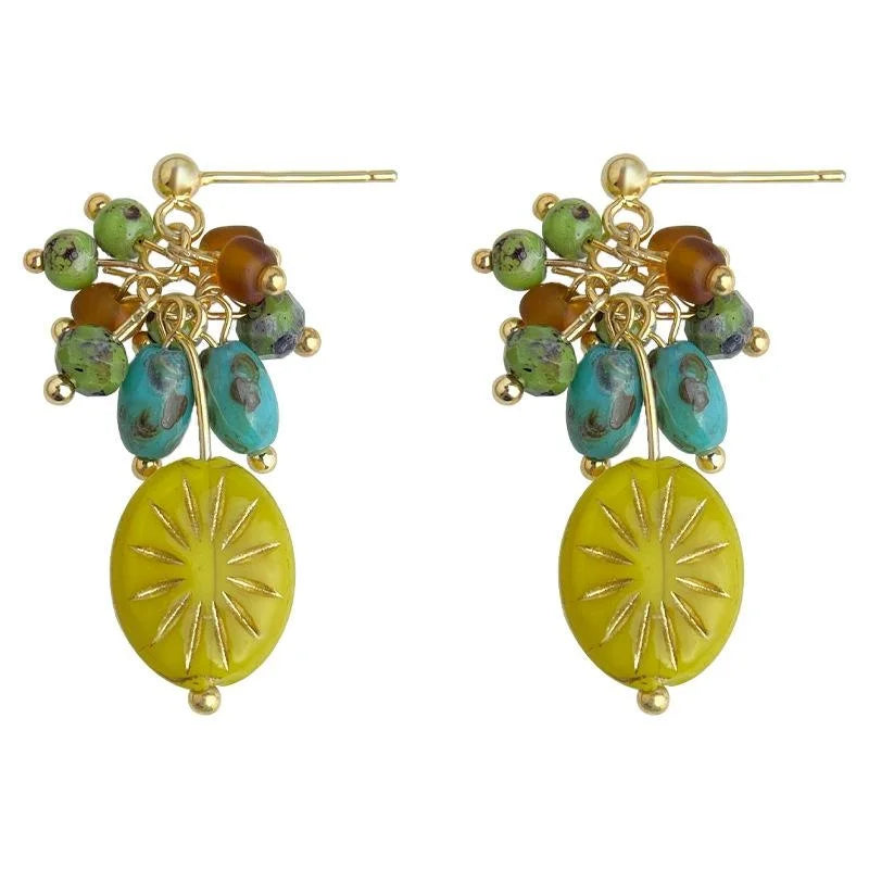 Copper Czech Glass Crystal Floral Geometric Tassel Drop Earrings Resort Style