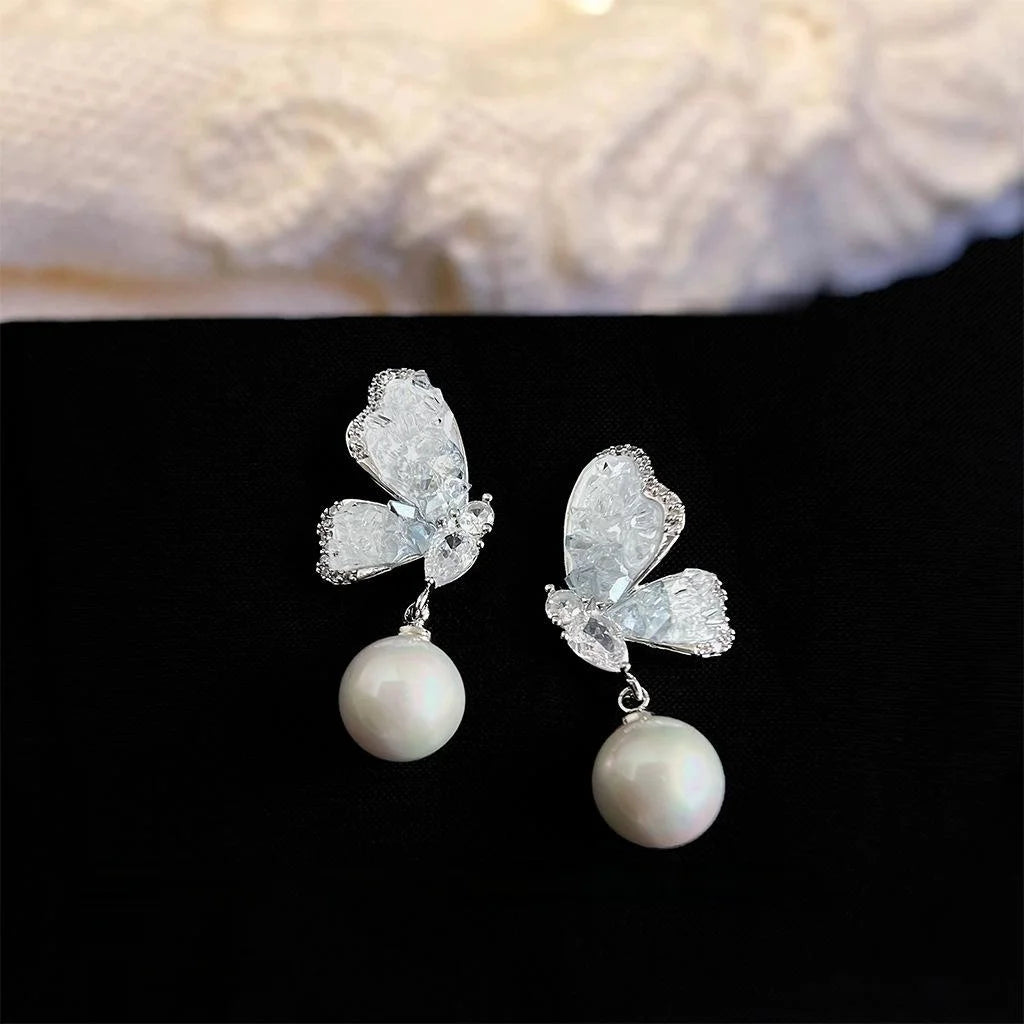 Silver Plated Copper Gradient Blue Butterfly Drop Earrings With Zircon Glass Crystal Pearl