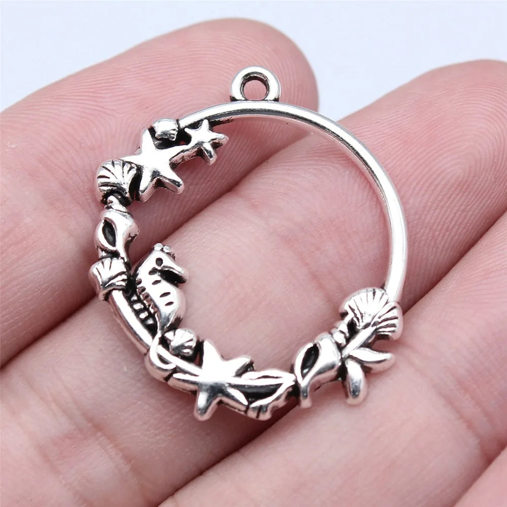 29x30mm 1.6g Antique Silver Zinc Alloy Shell Conch Starfish Seahorse Ring Charm Pendant for DIY Jewelry Making