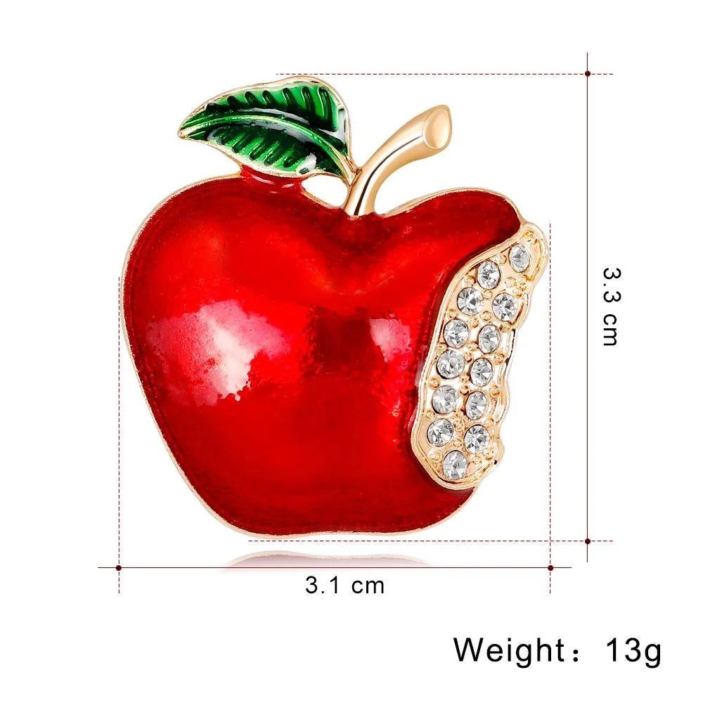 Cute Red Enamel Apple Brooch With Rhinestone Bite, Gold Alloy Christmas Lapel Pin Corsage Gift