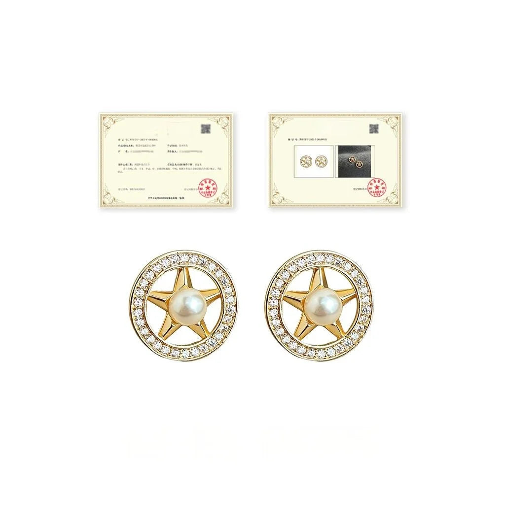 Luxury 14K Plated Copper Zircon Pearl Star Round Geometric Stud Earrings