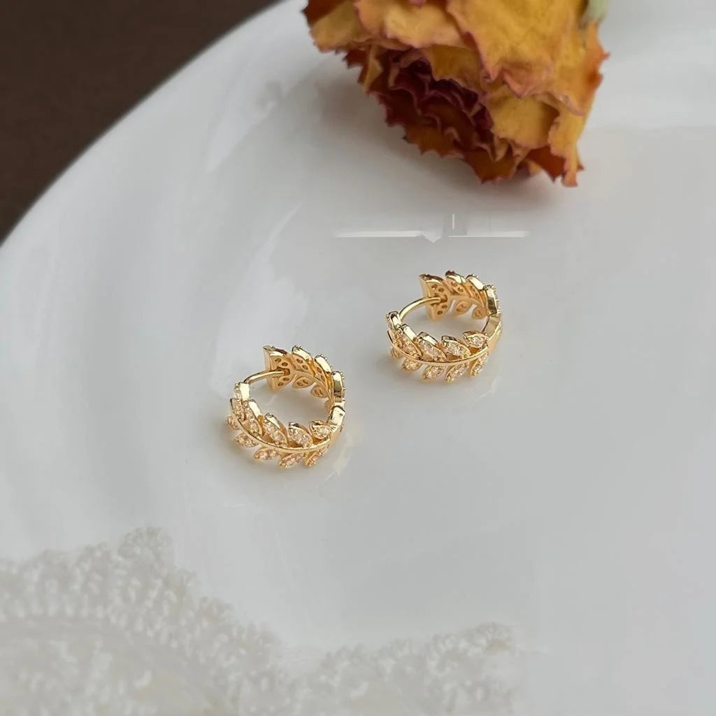 14K Gold Plated Copper Leaf Drop Earrings Micro Pave Zircon Luxury Style
