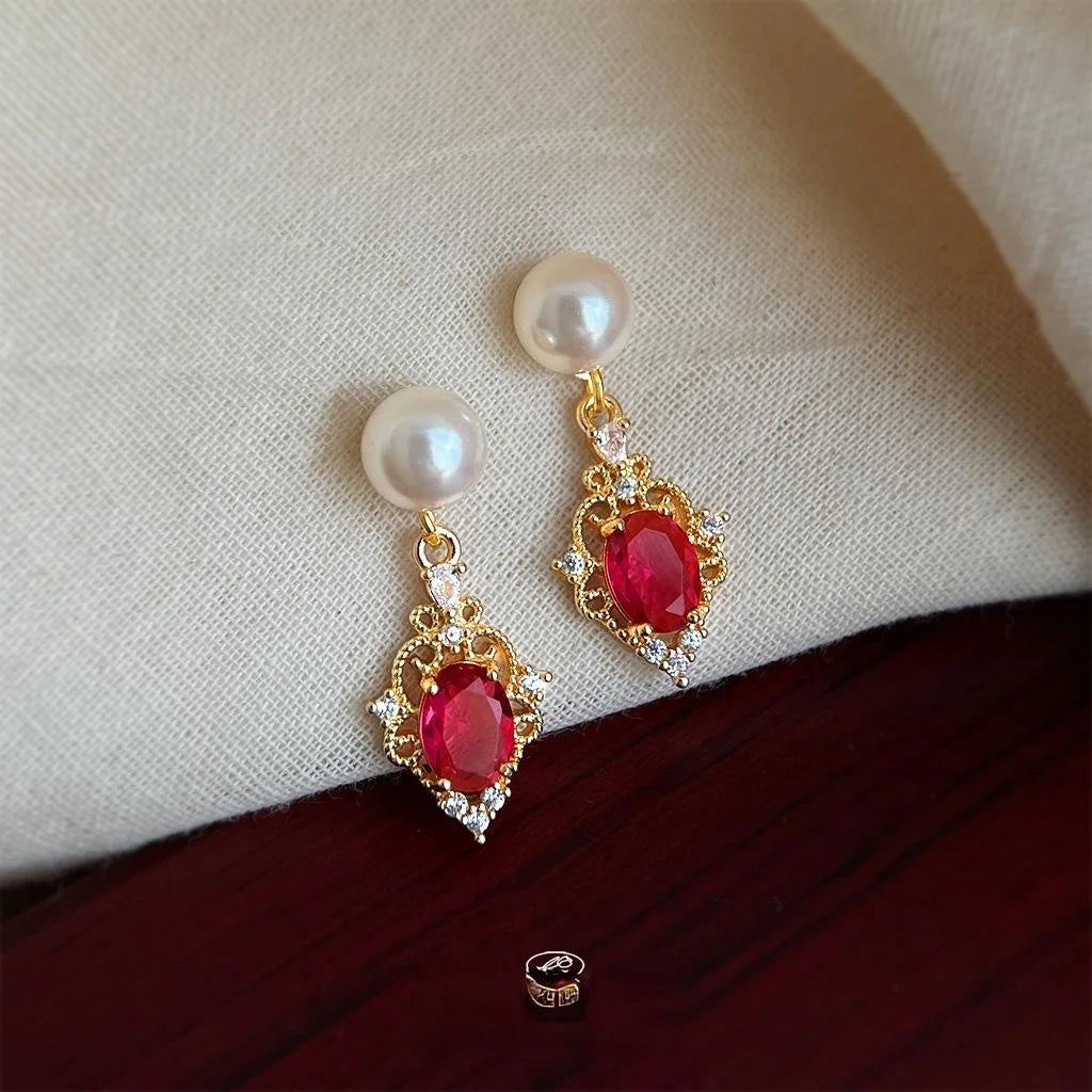 Hong Kong French Retro Geometric Zircon Glass Pearl Tassel Drop Earrings