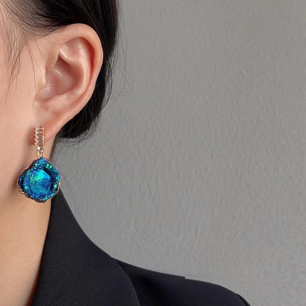 Klein Blue Faceted Crystal Geometric Drop Earrings Irregular Drip Glaze Copper Jewelry