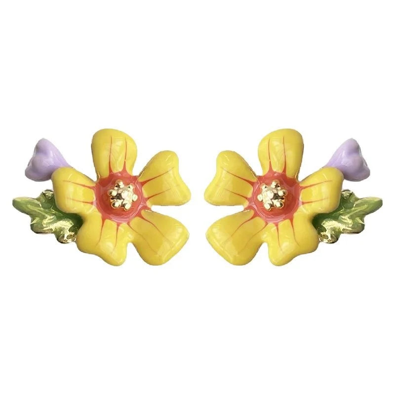 French Sweet Pastoral Copper Enamel Flower Stud Earrings With Oil Painting Colorblock Design