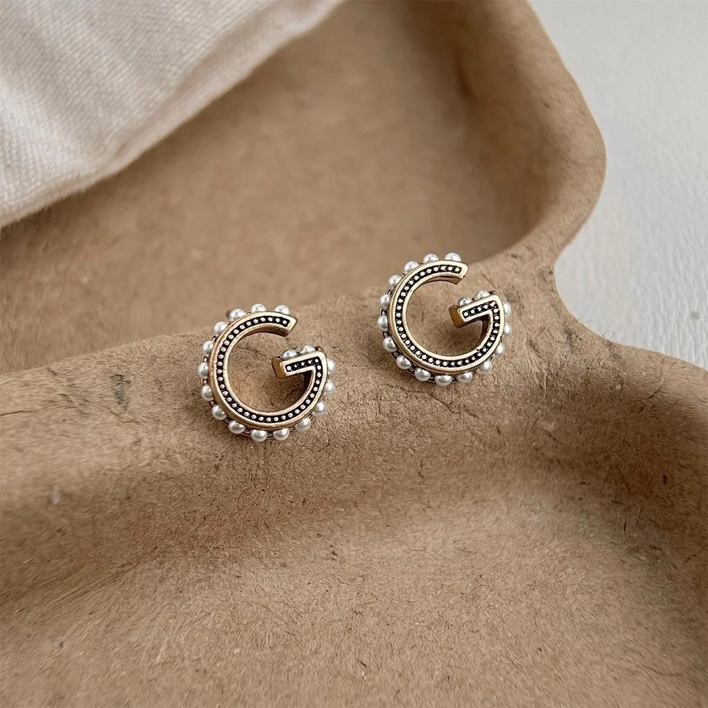 Vintage Letter G Pearl Stud Earrings Eco-Friendly Copper Versatile Fashion Jewelry