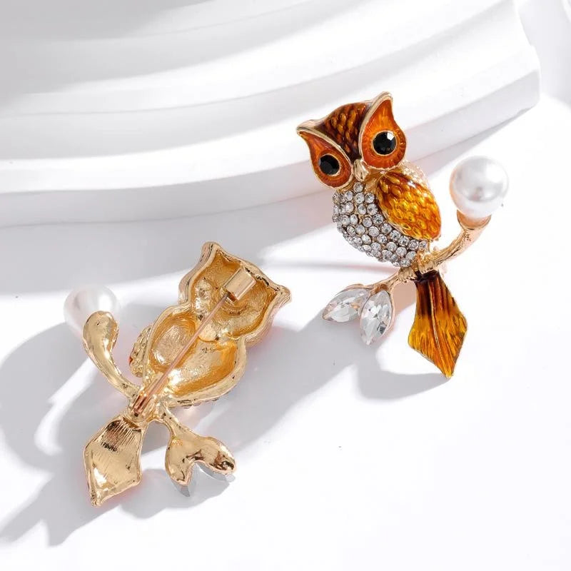 Cute Enamel Owl Brooch With Rhinestone And Faux Pearl, Alloy Lapel Pin Corsage For Suit Sweater Gift
