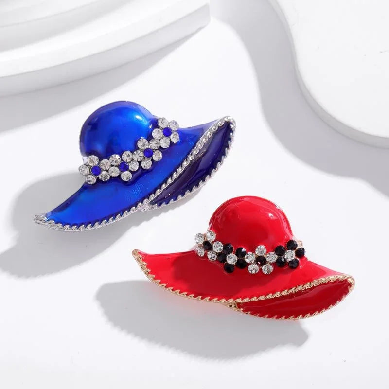 Elegant Red Enamel Beach Hat Brooch With Rhinestones, Alloy Lapel Pin Corsage For Women's Coats