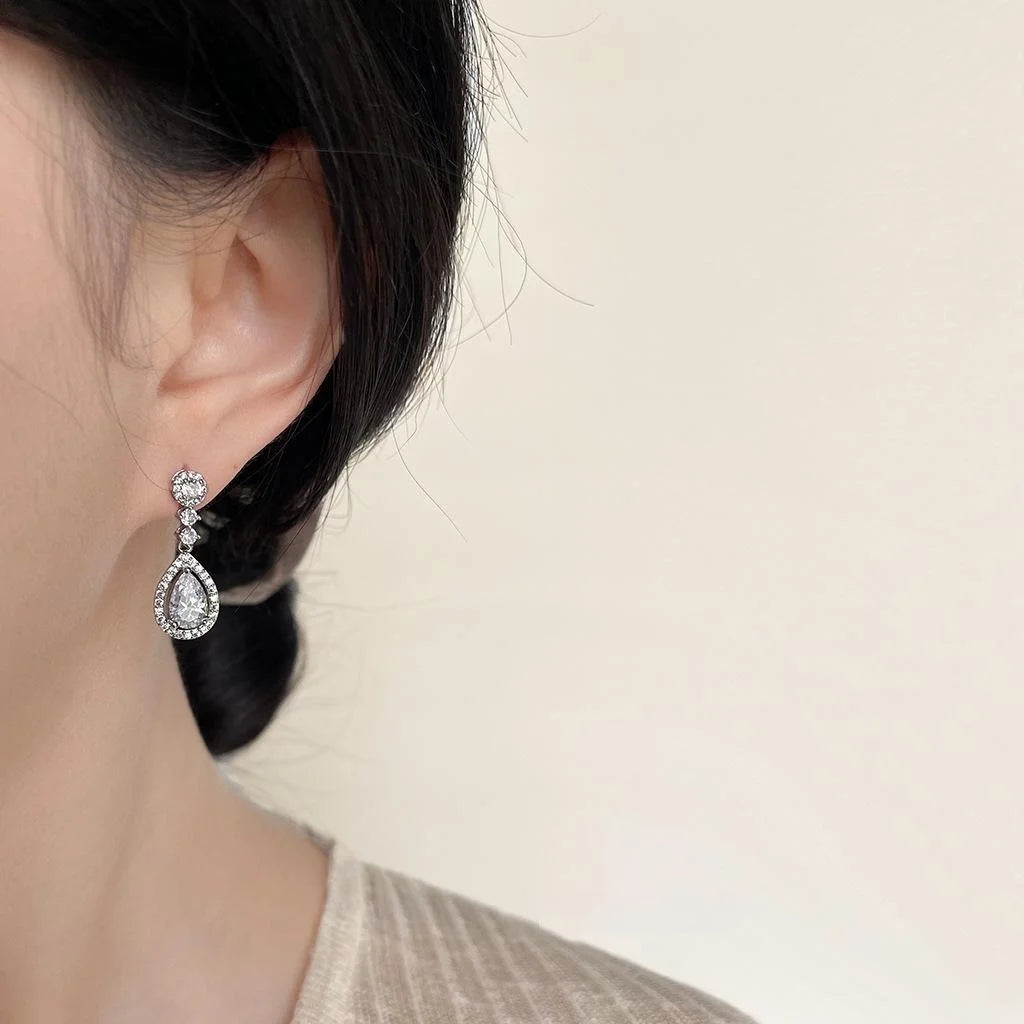 Elegant Long Teardrop Drop Earrings Micro Pave Zircon Copper Evening Jewelry