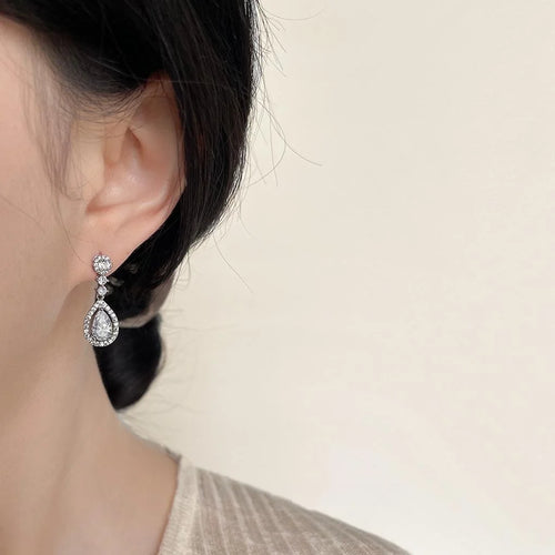 Elegant Long Teardrop Drop Earrings Micro Pave Zircon Copper Evening Jewelry