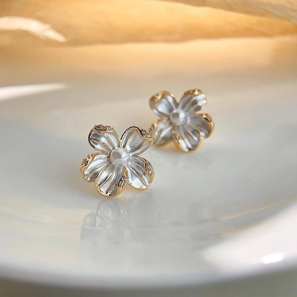 14K Gold Plated Copper 3D Flower Stud Earrings With Micro Pave Zircon Elegant Floral Jewelry
