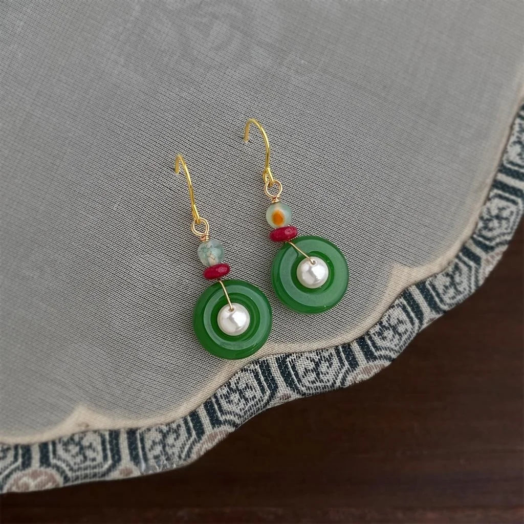 Handmade New Chinese Court Style Geometric Peace Buckle Glass Pearl Agate Drop Earrings
