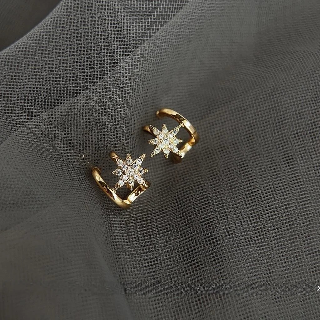 Copper Micro Pave Zircon Star Stud Earrings, Double Layer Line Minimalist Gold Tone Jewelry