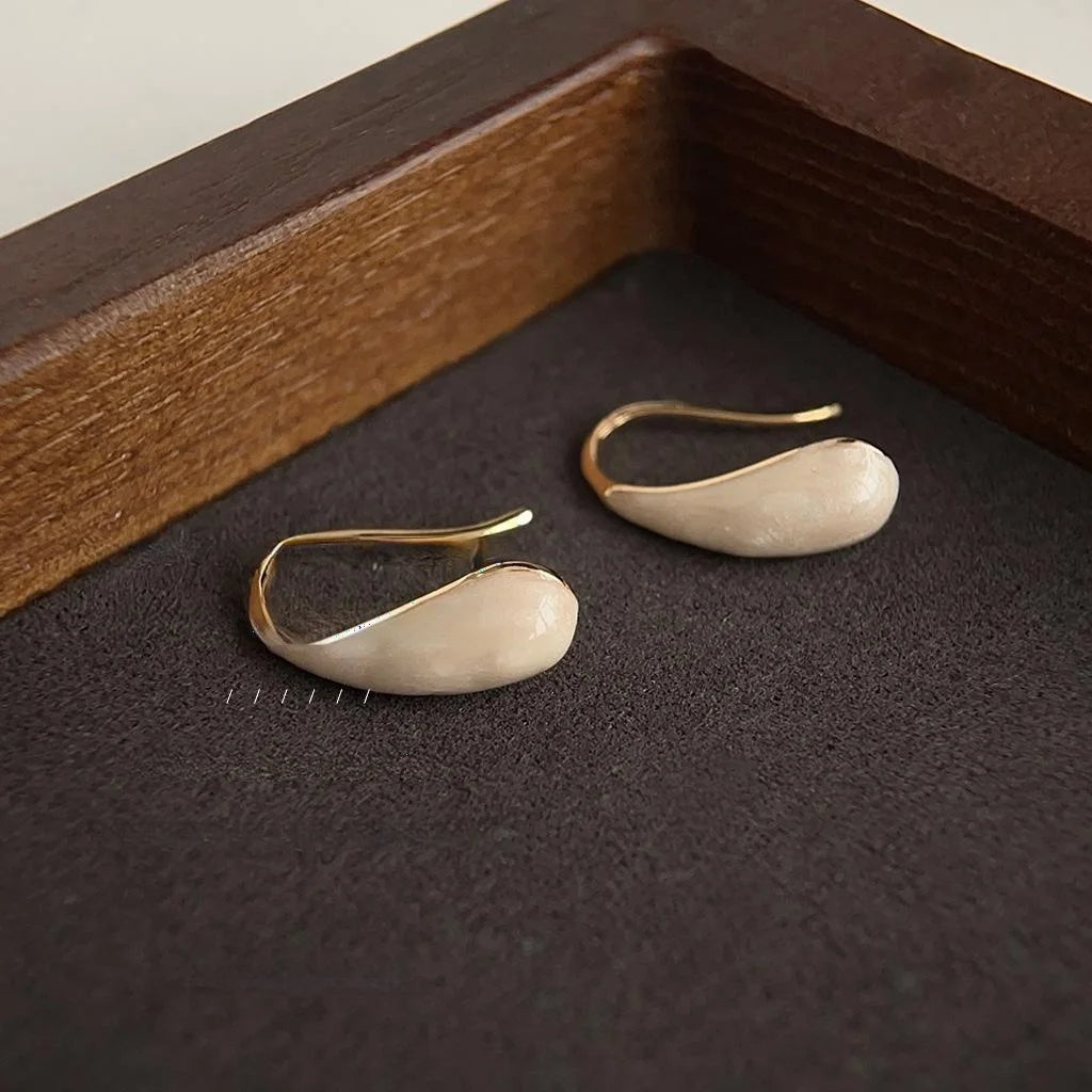 Cream White Teardrop Enamel Stud Earrings Eco Copper Minimalist French Light Luxury Jewelry