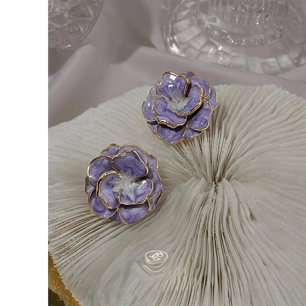 Vintage Style 14K Plated Copper Oversized Flower Enamel Purple Drop Earrings