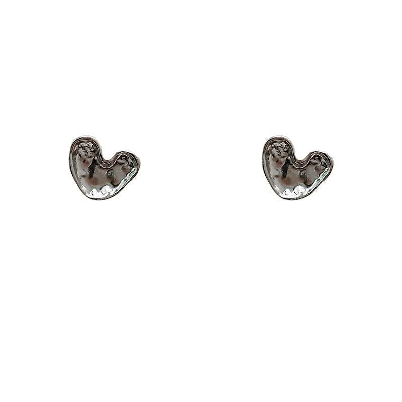 Liquid Metal Silver Plated Copper Heart Stud Earrings, Minimalist Korean Style Jewelry