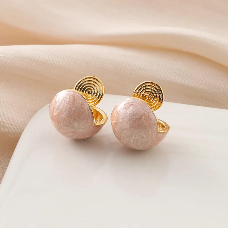 Elegant Pink Enamel Round Ball Spiral Alloy Stud & Clip On No Piercing Sweet Summer Earrings