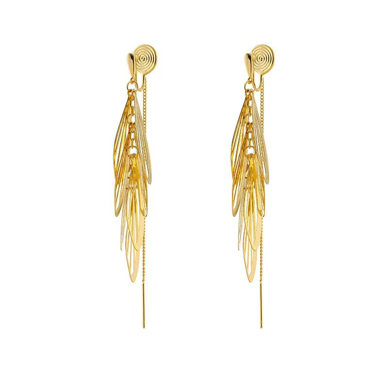 Elegant Gold Alloy Hollow Leaf Tassel Ear Thread Stud & Clip On No Piercing Long Drop Earrings